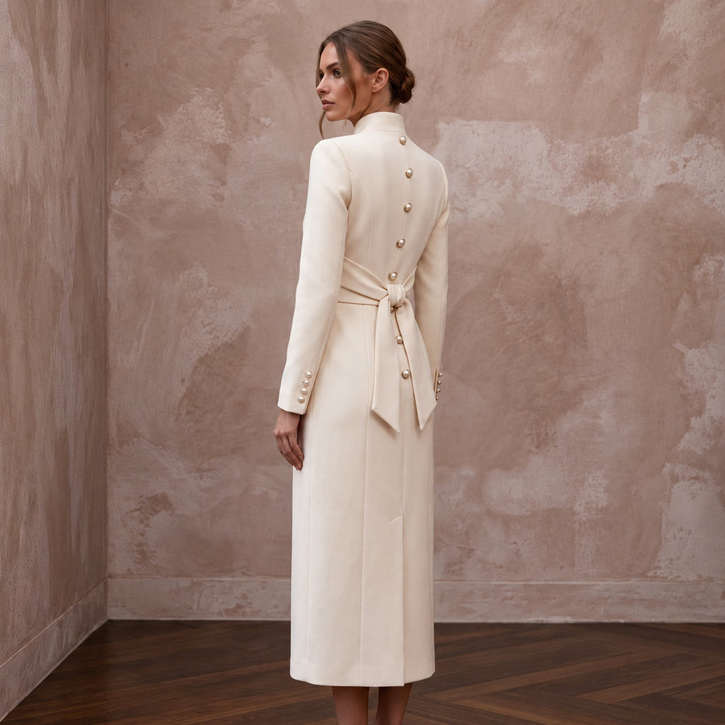 Sophisticated Cream Wool Crepe Coat Bridal Dress for City Hall Winter