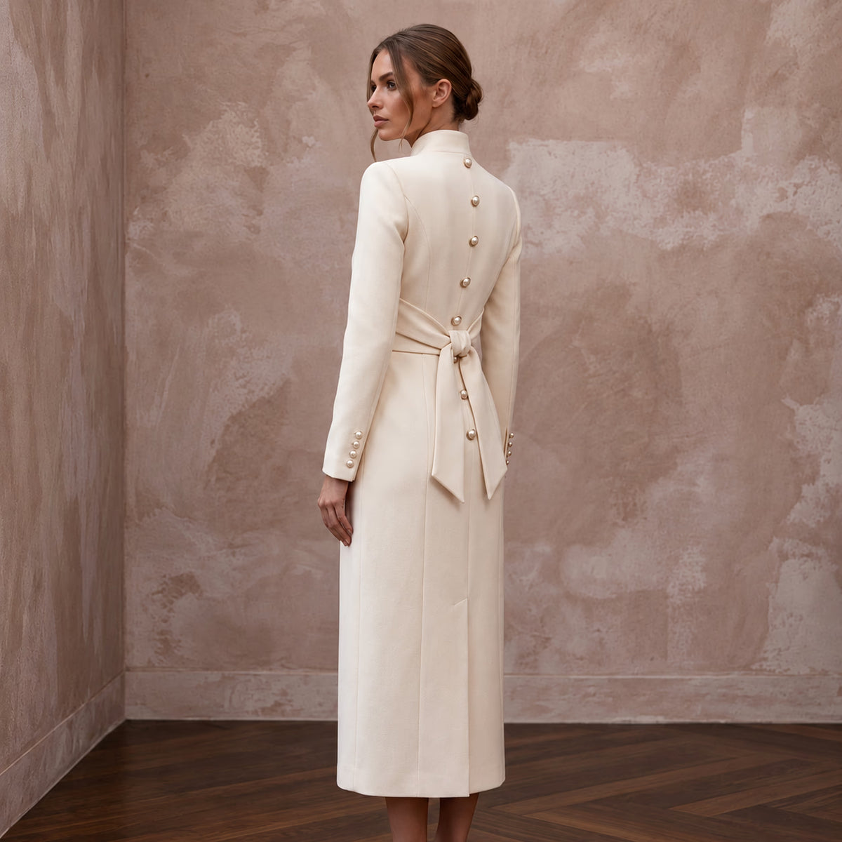 Sophisticated Cream Wool Crepe Coat Bridal Dress for City Hall Winter