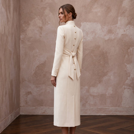 Sophisticated Cream Wool Crepe Coat Bridal Dress for City Hall Winter