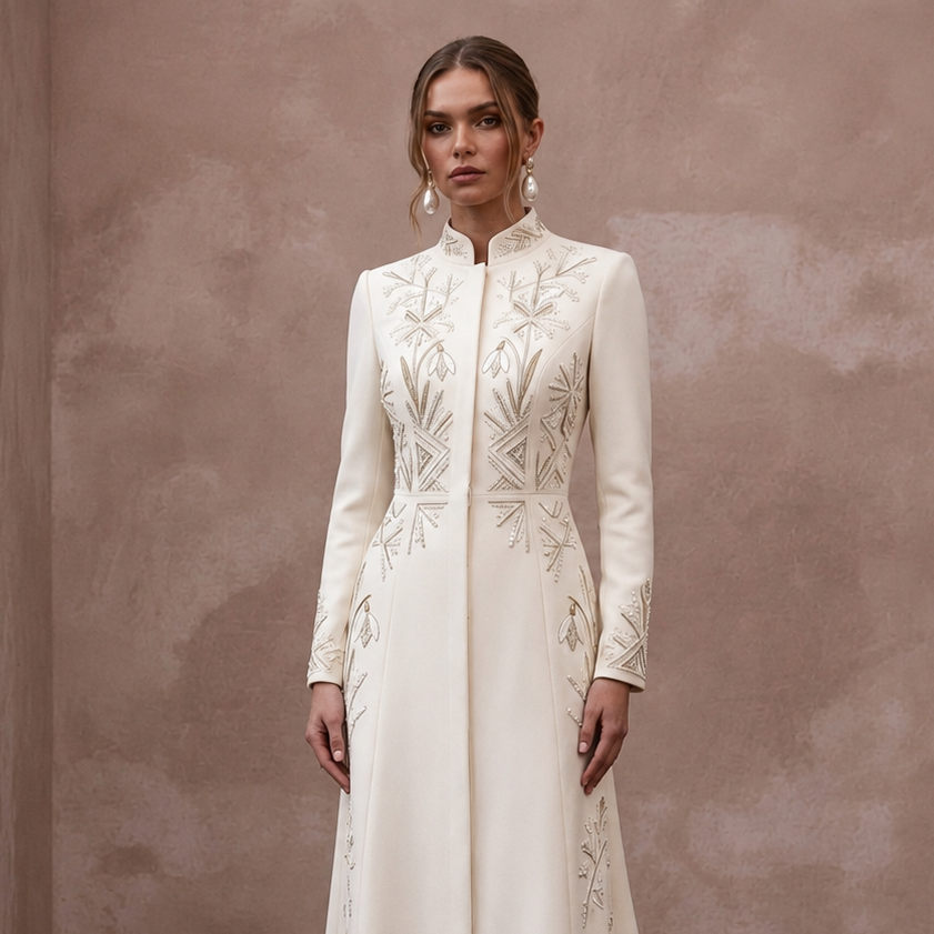 Sophisticated Cream Wool Crepe Coat Dress for City Hall Winter