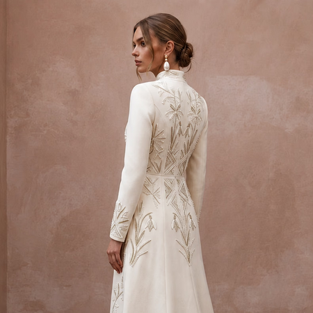 Sophisticated Cream Wool Crepe Coat Dress for City Hall Winter - Apparel & Accessories > Clothing > Wedding & Bridal Party Dresses > Wedding Dresses - Mignonette Bridal
