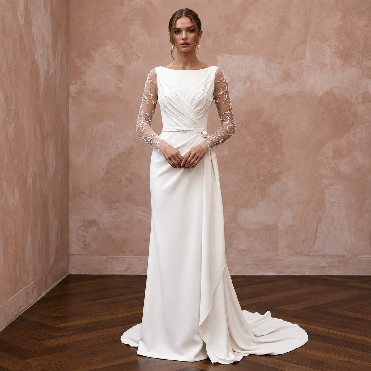 Sophisticated Crepe Wedding Gown for a Mature Bride - Apparel & Accessories > Clothing > Wedding & Bridal Party Dresses > Wedding Dresses - Mignonette Bridal Main image