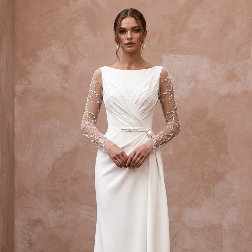 Sophisticated Crepe Wedding Gown for a Mature Bride