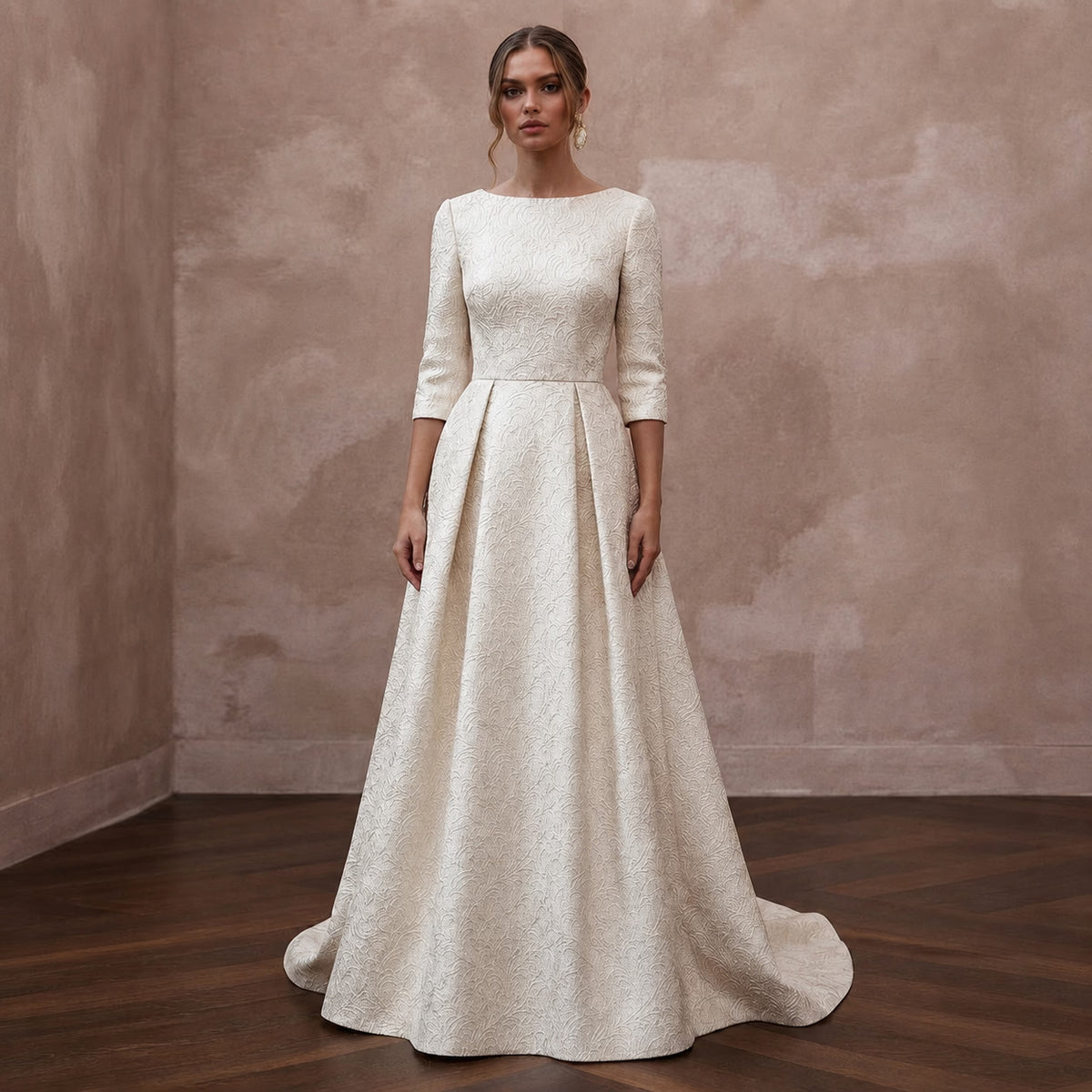 Sophisticated Ivory Brocade A - Line Bridal Gown for Winter Rehearsal Dinner - Apparel & Accessories > Clothing > Wedding & Bridal Party Dresses > Wedding Dresses - Mignonette Bridal Main image