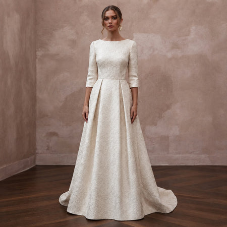 Sophisticated Ivory Brocade A - Line Bridal Gown for Winter Rehearsal Dinner - Apparel & Accessories > Clothing > Wedding & Bridal Party Dresses > Wedding Dresses - Mignonette Bridal