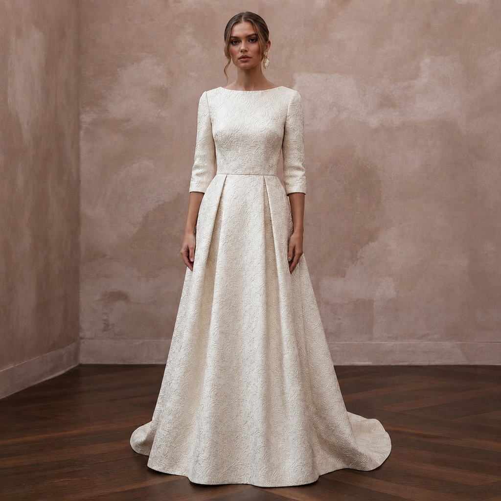 Sophisticated Ivory Brocade A-Line Bridal Gown for Winter Rehearsal Dinner