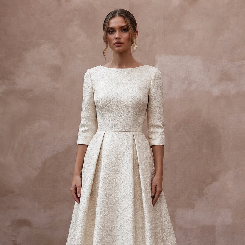 Sophisticated Ivory Brocade A - Line Bridal Gown for Winter Rehearsal Dinner - Apparel & Accessories > Clothing > Wedding & Bridal Party Dresses > Wedding Dresses - Mignonette Bridal