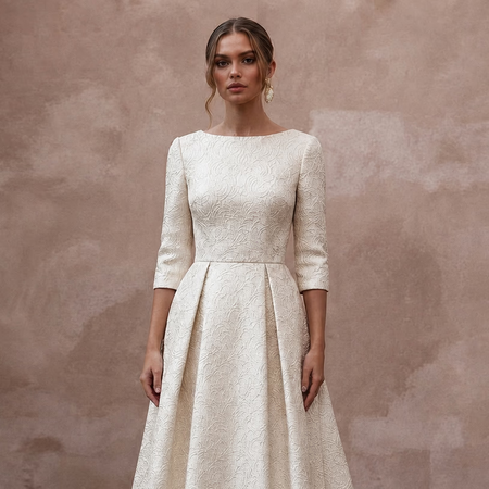 Sophisticated Ivory Brocade A - Line Bridal Gown for Winter Rehearsal Dinner - Apparel & Accessories > Clothing > Wedding & Bridal Party Dresses > Wedding Dresses - Mignonette Bridal