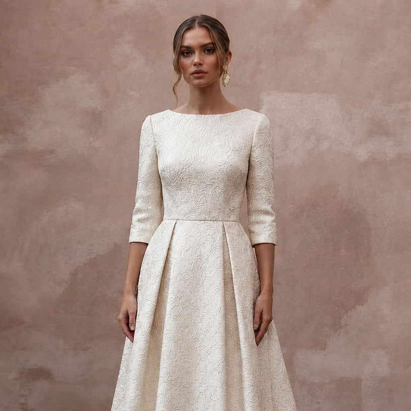 Sophisticated Ivory Brocade A-Line Bridal Gown for Winter Rehearsal Dinner