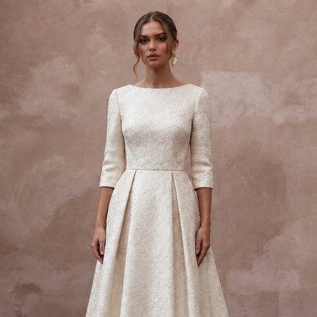 Sophisticated Ivory Brocade A-Line Bridal Gown for Winter Rehearsal Dinner