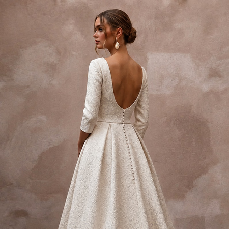 Sophisticated Ivory Brocade A - Line Bridal Gown for Winter Rehearsal Dinner - Apparel & Accessories > Clothing > Wedding & Bridal Party Dresses > Wedding Dresses - Mignonette Bridal