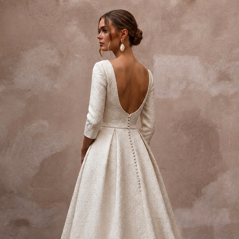 Sophisticated Ivory Brocade A-Line Bridal Gown for Winter Rehearsal Dinner