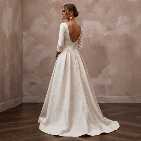 Sophisticated Ivory Brocade A - Line Bridal Gown for Winter Rehearsal Dinner - Apparel & Accessories > Clothing > Wedding & Bridal Party Dresses > Wedding Dresses - Mignonette Bridal