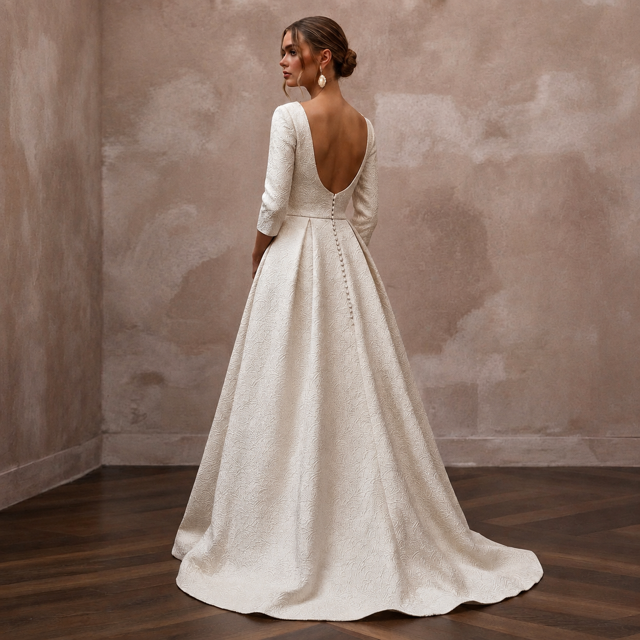 Sophisticated Ivory Brocade A-Line Bridal Gown for Winter Rehearsal Dinner