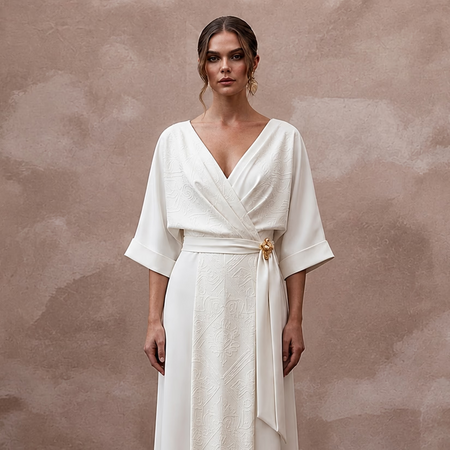 Sophisticated Ivory Lyocell Wrap Dress for Post - Elopement Dinner - Apparel & Accessories > Clothing > Wedding & Bridal Party Dresses > Wedding Dresses - Mignonette Bridal