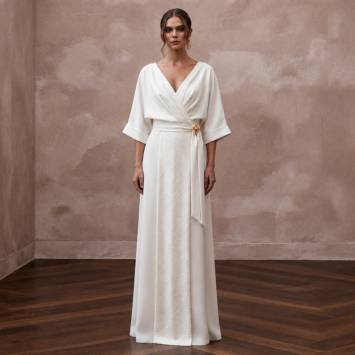 Sophisticated Ivory Lyocell Wrap Dress for Post - Elopement Dinner - Apparel & Accessories > Clothing > Wedding & Bridal Party Dresses > Wedding Dresses - Mignonette Bridal Main image
