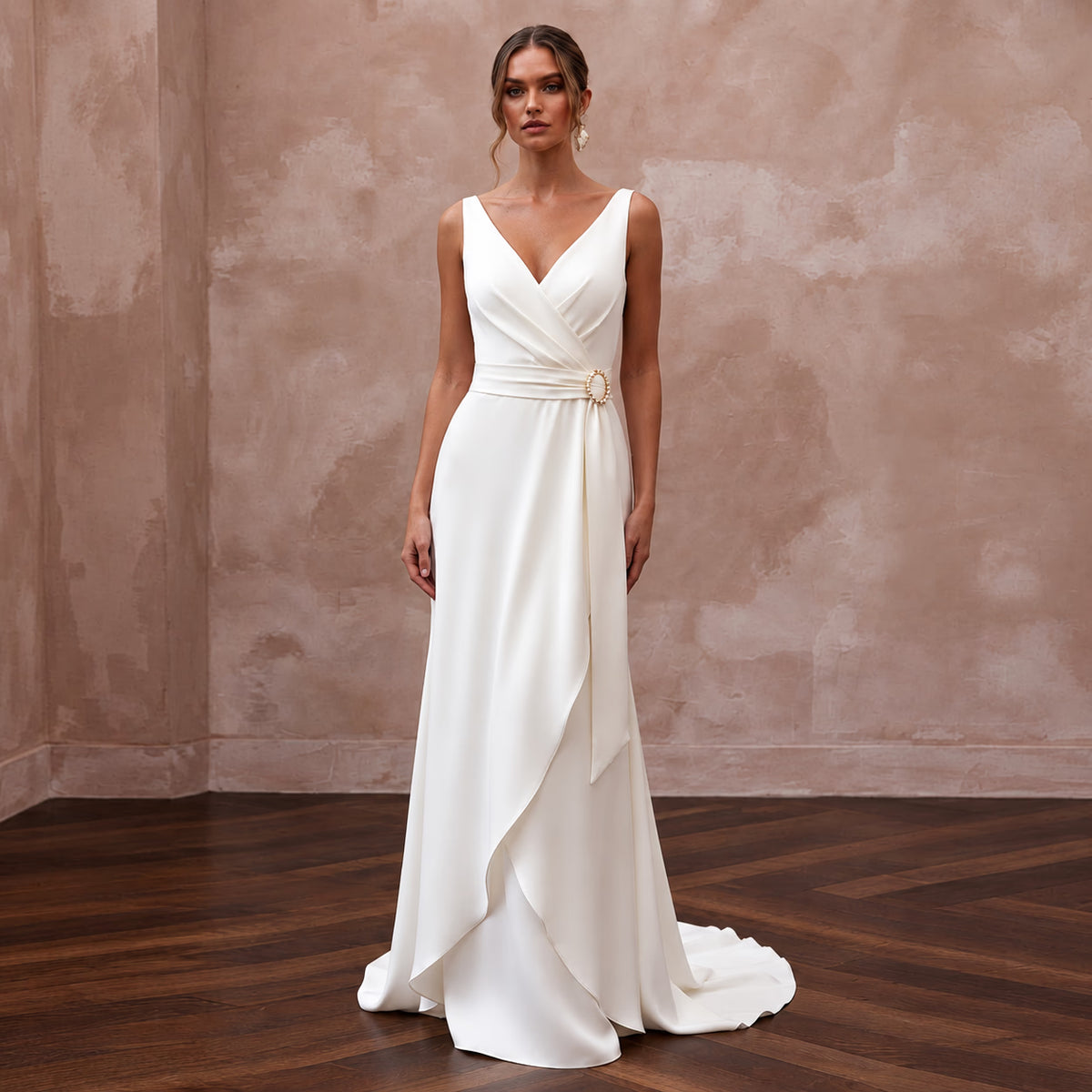 Sophisticated Ivory Lyocell Wrap Wedding Dress for Post-Elopement Dinner