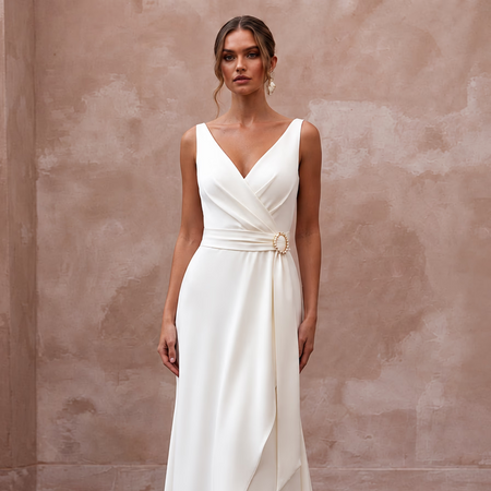 Sophisticated Ivory Lyocell Wrap Wedding Dress for Post-Elopement Dinner