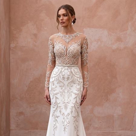 Sophisticated Nude Illusion Long Sleeve Fit-and-Flare Wedding Gown for Gala