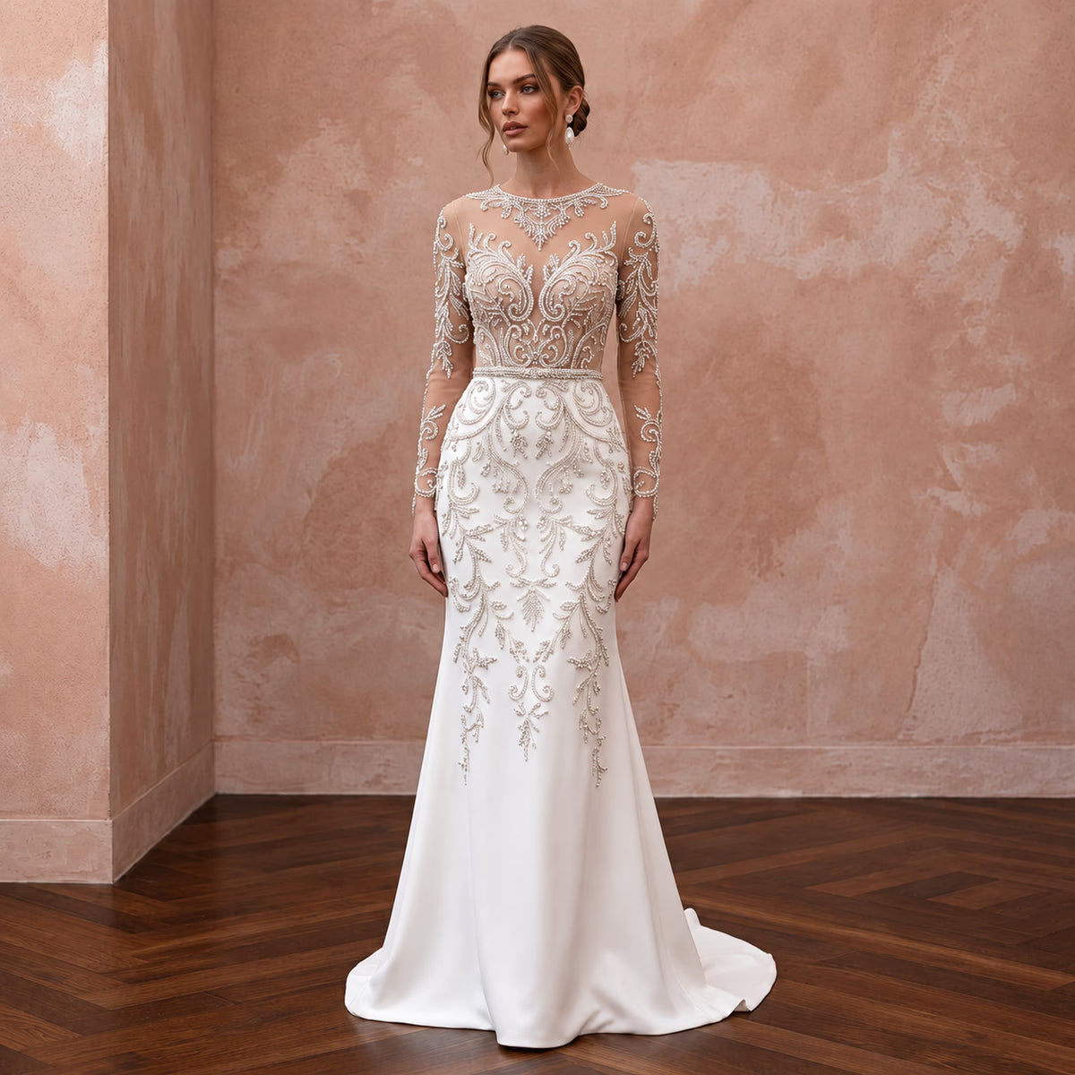 Sophisticated Nude Illusion Long Sleeve Fit - and - Flare Wedding Gown for Gala - Apparel & Accessories > Clothing > Wedding & Bridal Party Dresses > Wedding Dresses - Mignonette Bridal Main image