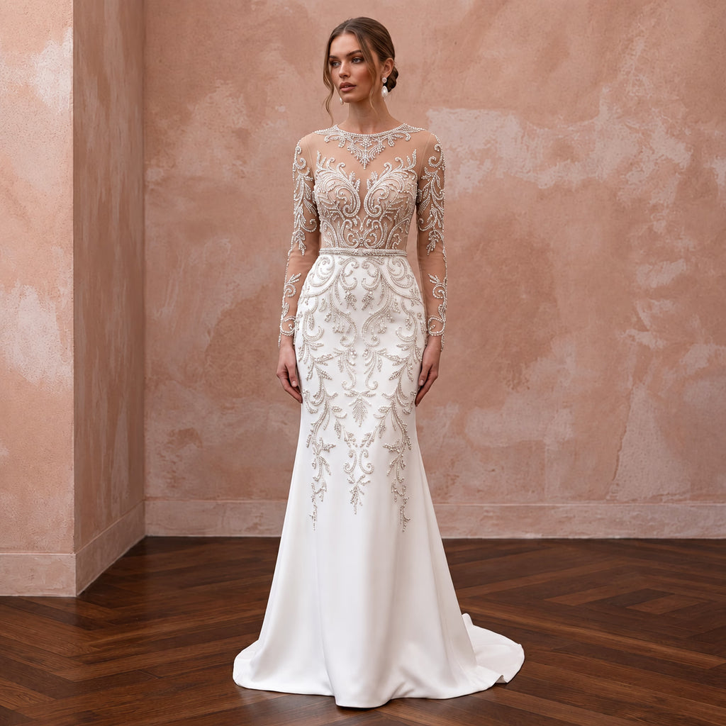 Sophisticated Nude Illusion Long Sleeve Fit-and-Flare Wedding Gown for Gala
