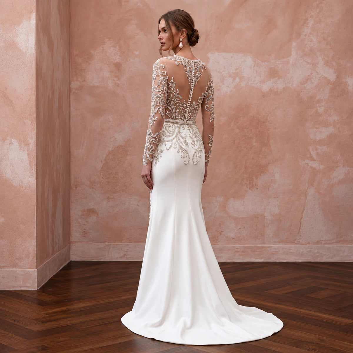 Sophisticated Nude Illusion Long Sleeve Fit-and-Flare Wedding Gown for Gala