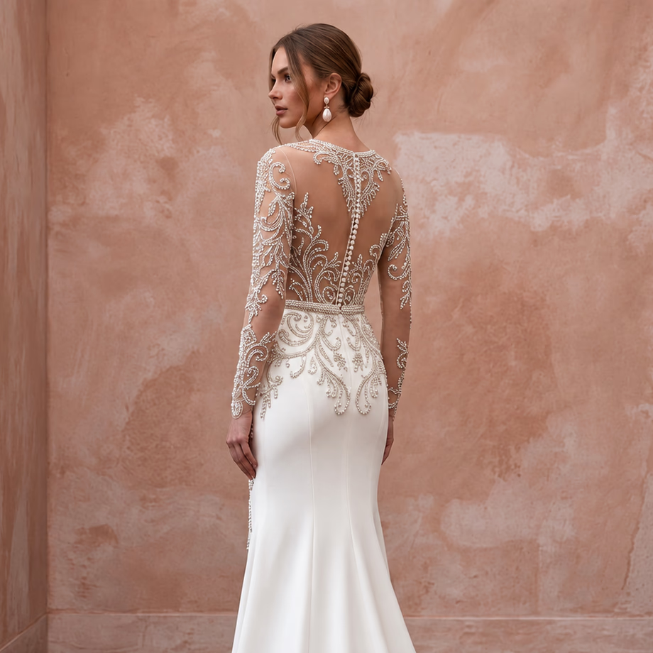 Sophisticated Nude Illusion Long Sleeve Fit-and-Flare Wedding Gown for Gala