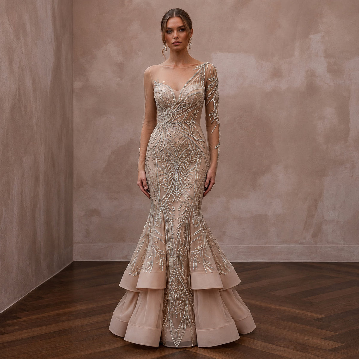 Sophisticated Nude Illusion Long Sleeve Fit - and - Flare for Gala - Apparel & Accessories > Clothing > Wedding & Bridal Party Dresses > Wedding Dresses - Mignonette Bridal Main image