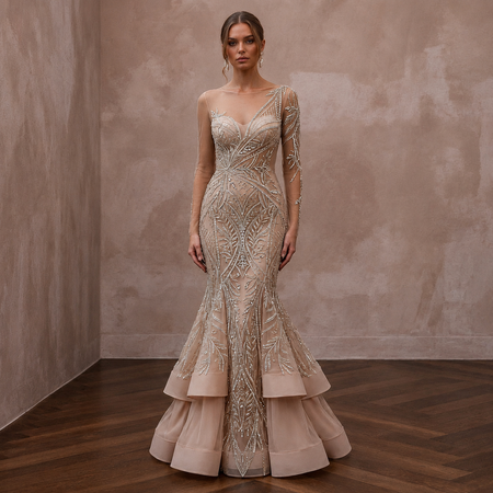 Sophisticated Nude Illusion Long Sleeve Fit-and-Flare for Gala