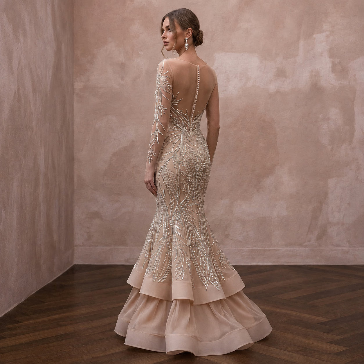 Sophisticated Nude Illusion Long Sleeve Fit-and-Flare for Gala Secondary image