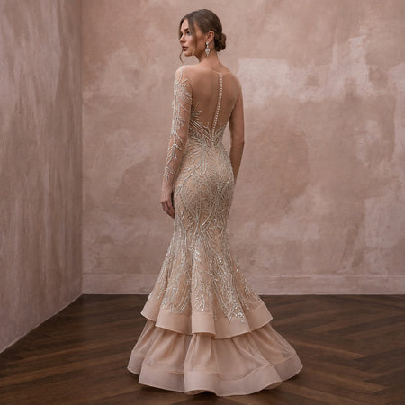 Sophisticated Nude Illusion Long Sleeve Fit - and - Flare for Gala - Apparel & Accessories > Clothing > Wedding & Bridal Party Dresses > Wedding Dresses - Mignonette Bridal