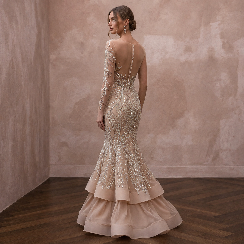 Sophisticated Nude Illusion Long Sleeve Fit-and-Flare for Gala
