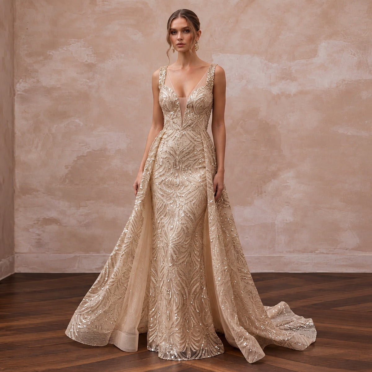 Sophisticated Nude Sequin Mesh Bridal Gown for Yacht Reception