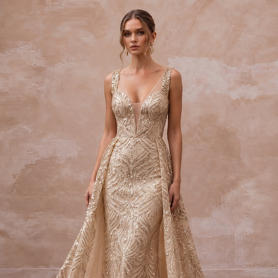 Sophisticated Nude Sequin Mesh Bridal Gown for Yacht Reception