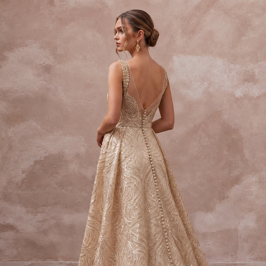 Sophisticated Nude Sequin Mesh Bridal Gown for Yacht Reception