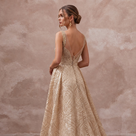 Sophisticated Nude Sequin Mesh Bridal Gown for Yacht Reception