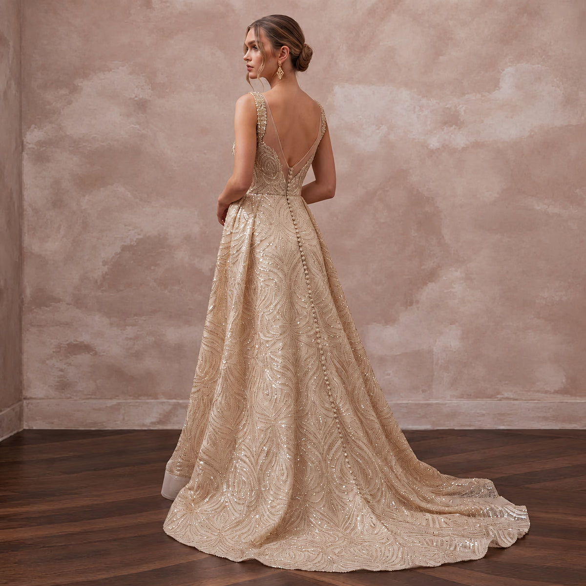 Sophisticated Nude Sequin Mesh Bridal Gown for Yacht Reception