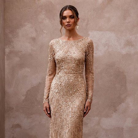 Sophisticated Nude Sequin Mesh Dress for Yacht Reception - Apparel & Accessories > Clothing > Wedding & Bridal Party Dresses > Wedding Dresses - Mignonette Bridal
