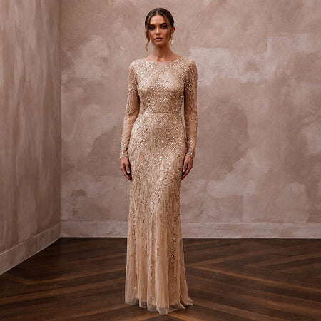 Sophisticated Nude Sequin Mesh Dress for Yacht Reception - Apparel & Accessories > Clothing > Wedding & Bridal Party Dresses > Wedding Dresses - Mignonette Bridal