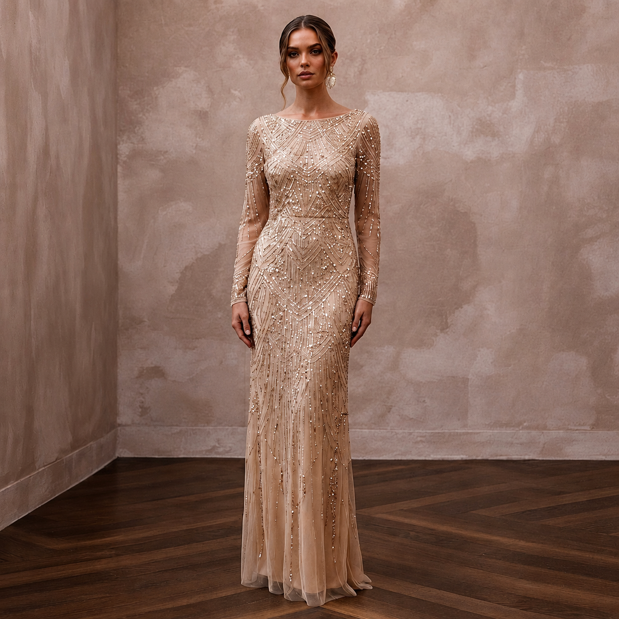 Sophisticated Nude Sequin Mesh Dress for Yacht Reception
