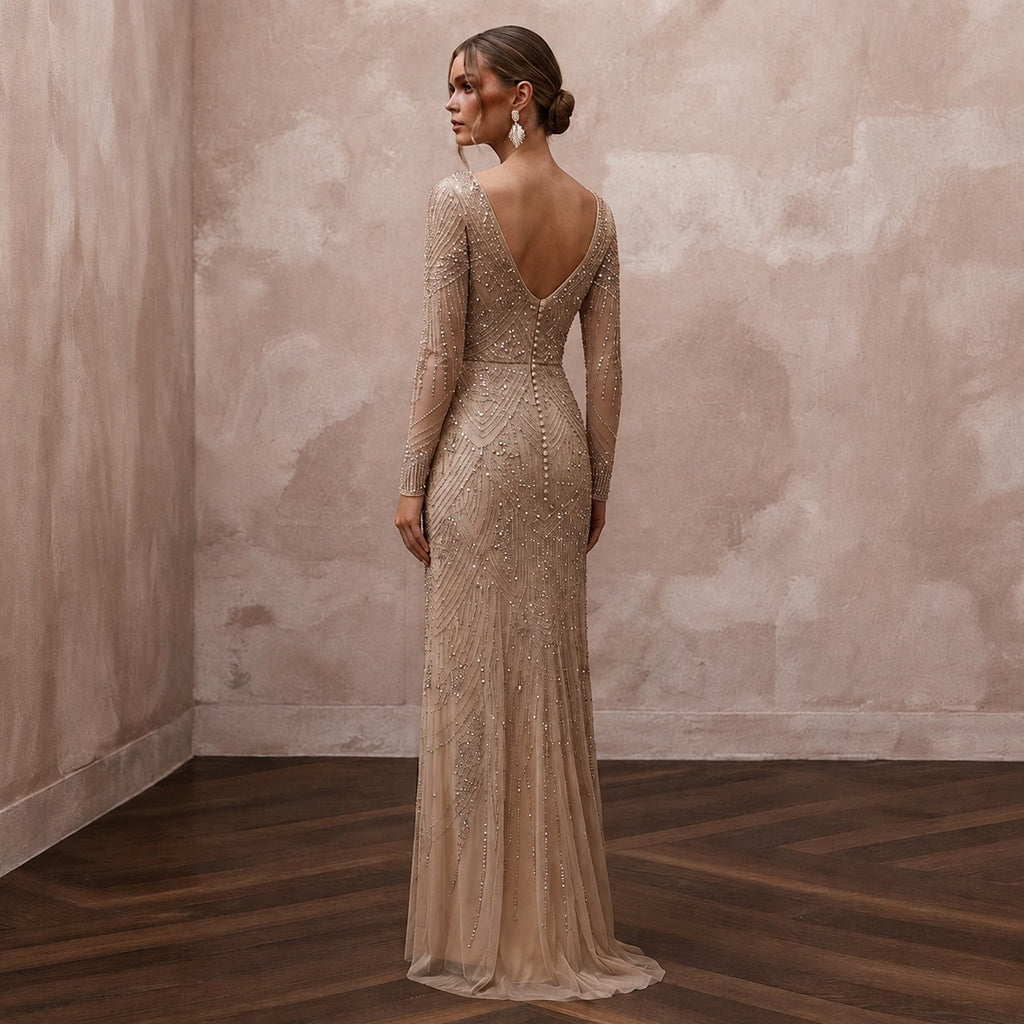 Sophisticated Nude Sequin Mesh Dress for Yacht Reception - Apparel & Accessories > Clothing > Wedding & Bridal Party Dresses > Wedding Dresses - Mignonette Bridal