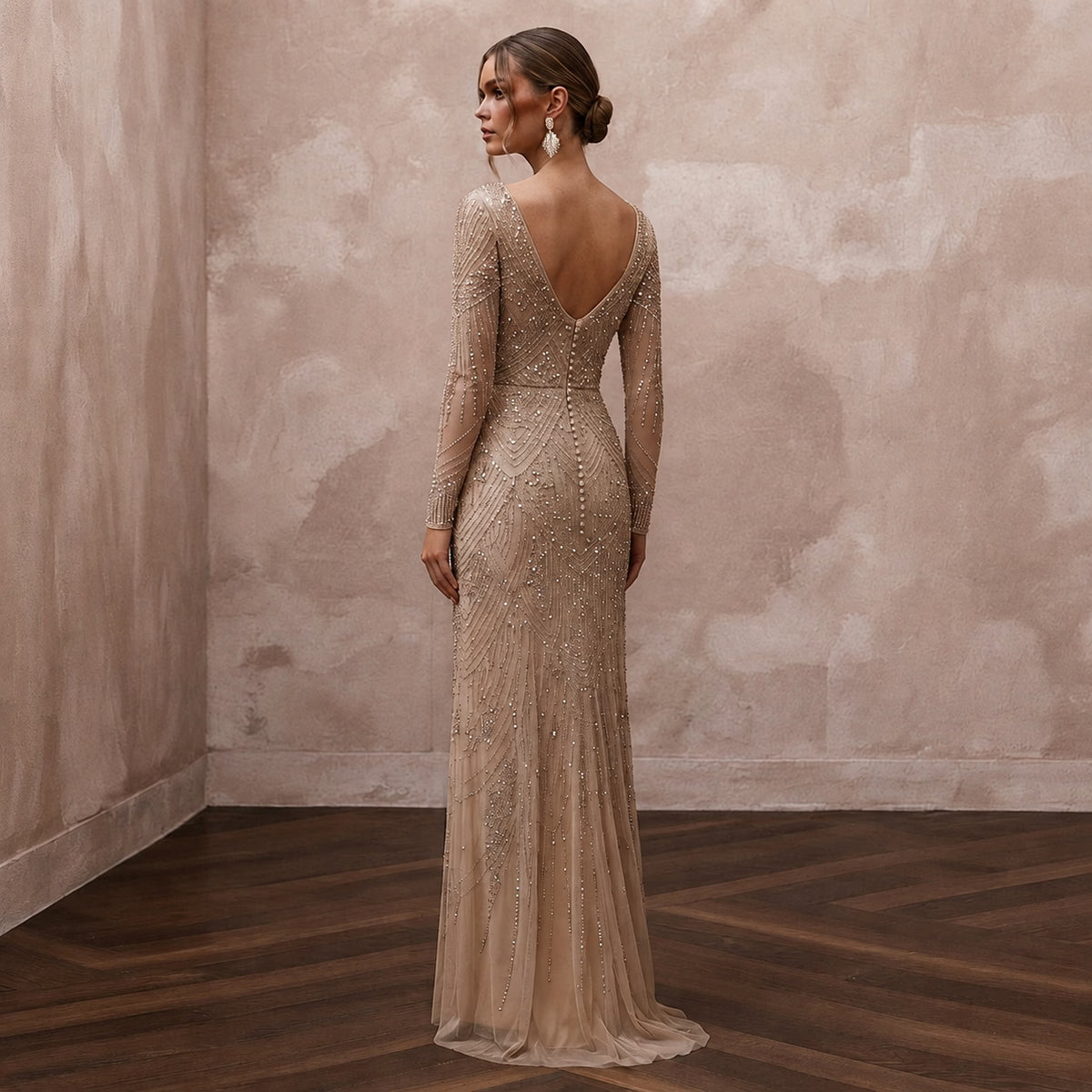Sophisticated Nude Sequin Mesh Dress for Yacht Reception - Apparel & Accessories > Clothing > Wedding & Bridal Party Dresses > Wedding Dresses - Mignonette Bridal