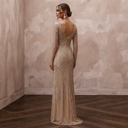 Sophisticated Nude Sequin Mesh Dress for Yacht Reception - Apparel & Accessories > Clothing > Wedding & Bridal Party Dresses > Wedding Dresses - Mignonette Bridal