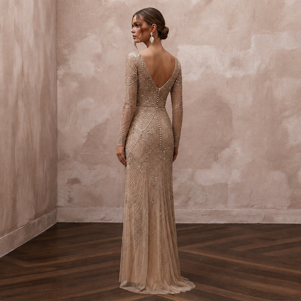 Sophisticated Nude Sequin Mesh Dress for Yacht Reception