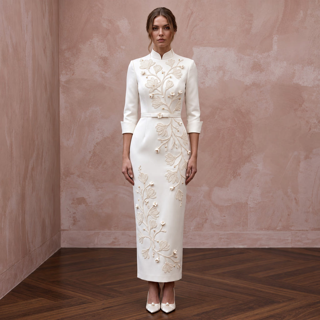 Sophisticated Off-White Satin Pencil Bridal Dress for Civil Ceremony