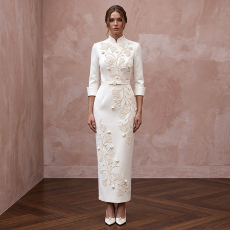 Sophisticated Off-White Satin Pencil Bridal Dress for Civil Ceremony