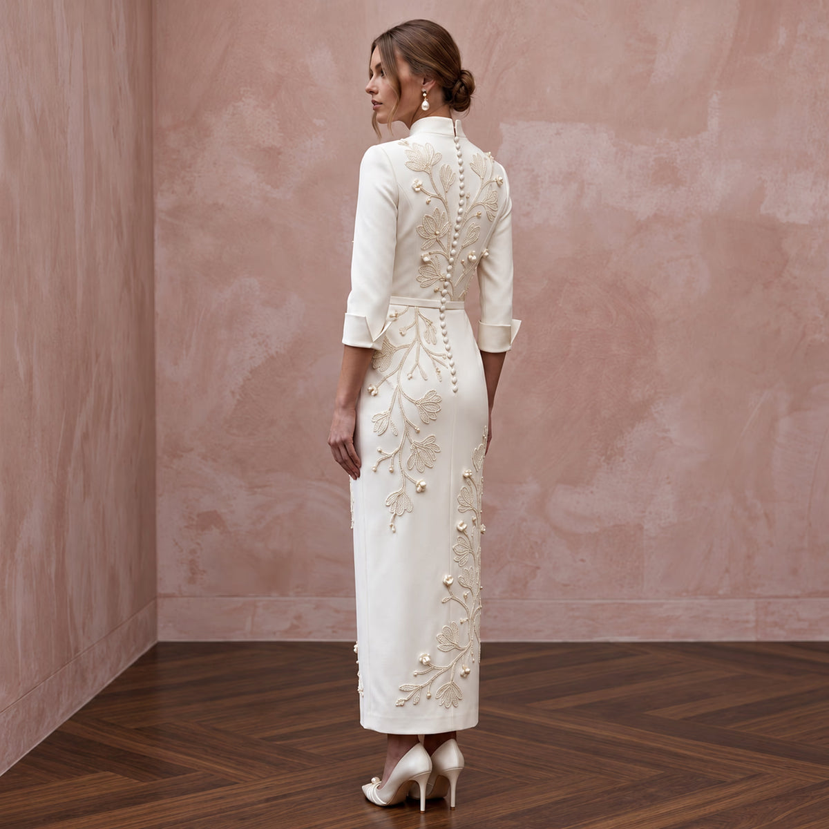 Sophisticated Off-White Satin Pencil Bridal Dress for Civil Ceremony