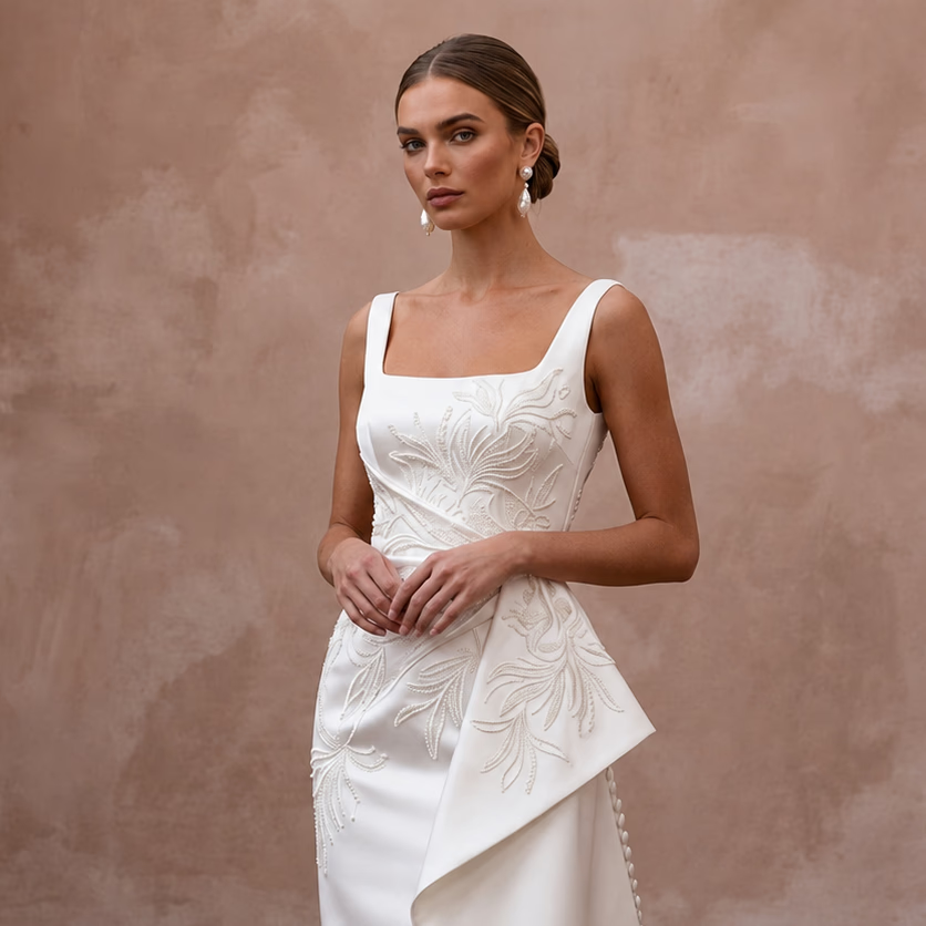 Sophisticated Off - White Satin Pencil Dress for Civil Ceremony - Apparel & Accessories > Clothing > Wedding & Bridal Party Dresses > Wedding Dresses - Mignonette Bridal