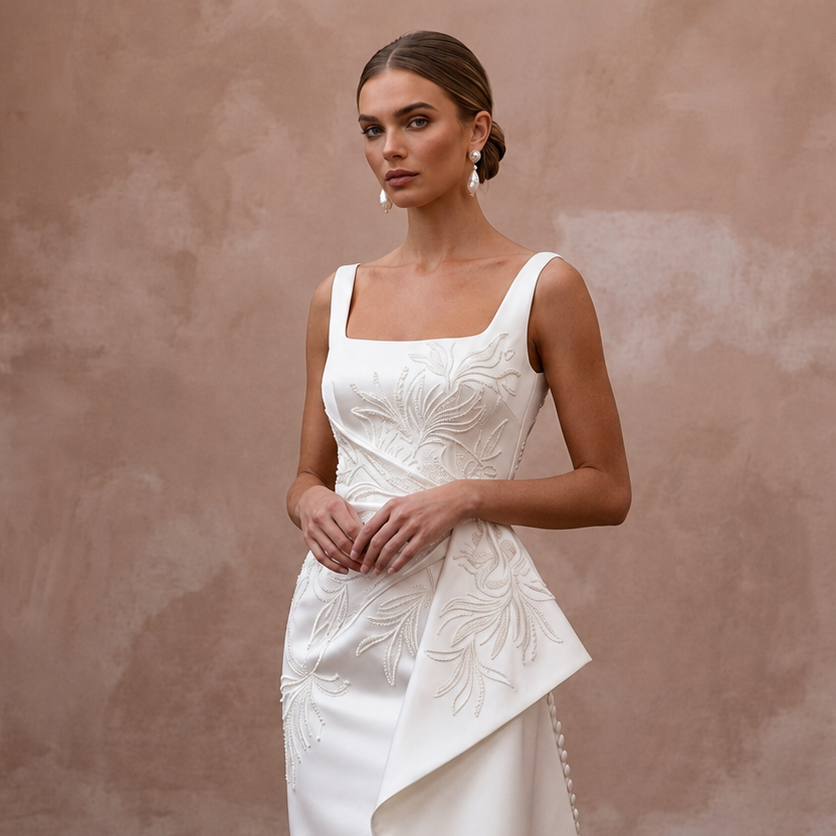 Sophisticated Off-White Satin Pencil Dress for Civil Ceremony