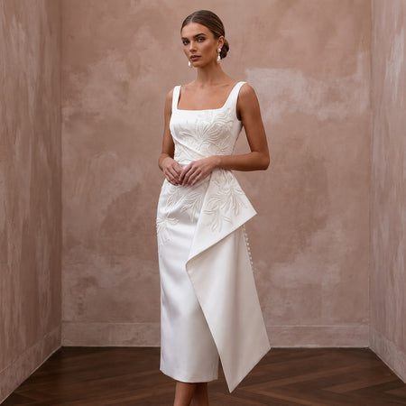 Sophisticated Off - White Satin Pencil Dress for Civil Ceremony - Apparel & Accessories > Clothing > Wedding & Bridal Party Dresses > Wedding Dresses - Mignonette Bridal